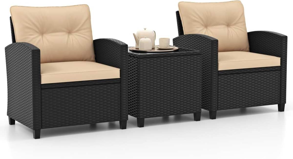 HAPPYGRILL 3-Piece Wicker Patio Sofa Set with Coffee Table & Washable 