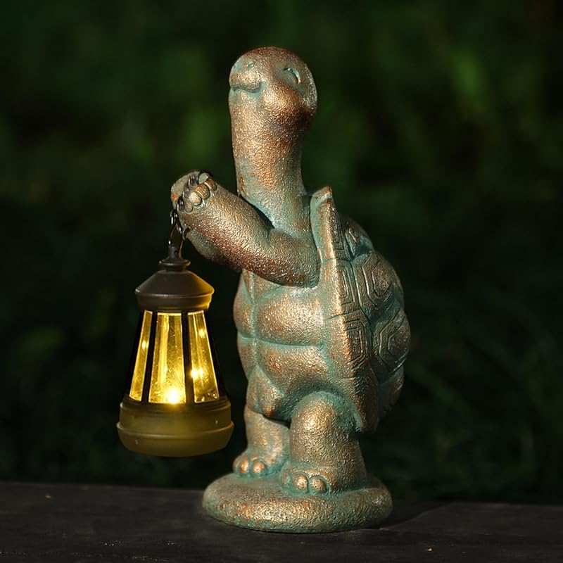 Turtle Solar Powered Garden Statue with Lantern, Decorative Resin Tort