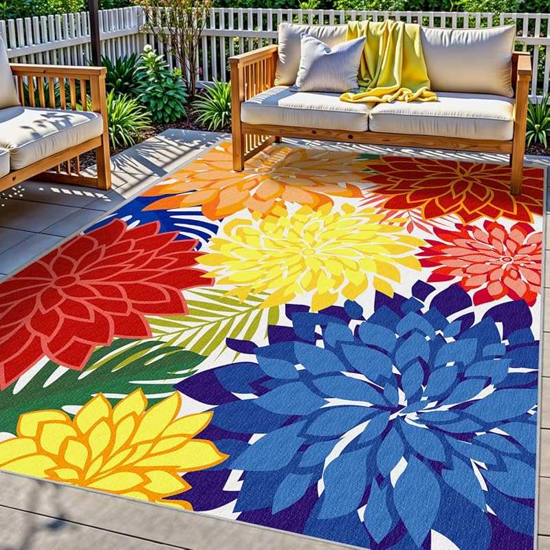 Colorful 5x8 Washable Outdoor Area Rug, Waterproof Rainbow Tropical Fl