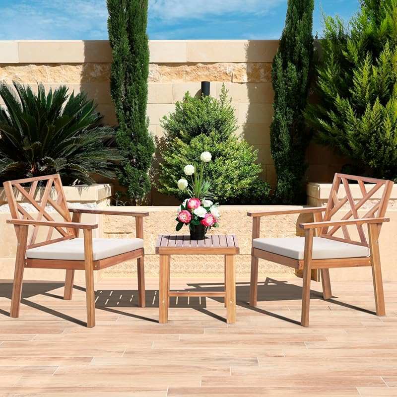 3-Piece Acacia Wood Outdoor Lounge Set with Padded Chairs & Coffee Tab