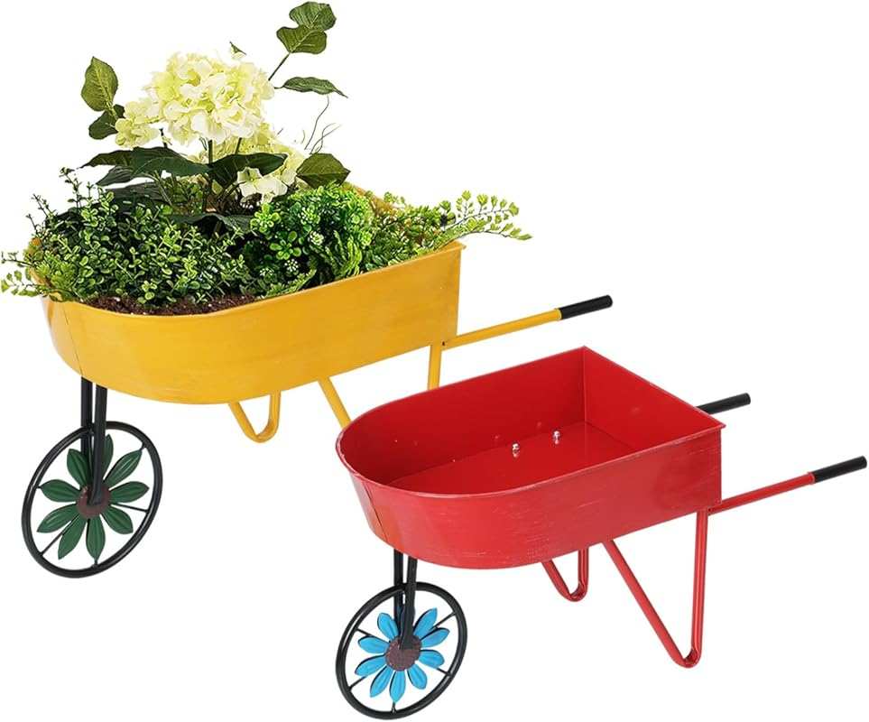 BAYN 2 Pack Rustic Metal Wheelbarrow Flower Cart Planter Stands - Vint