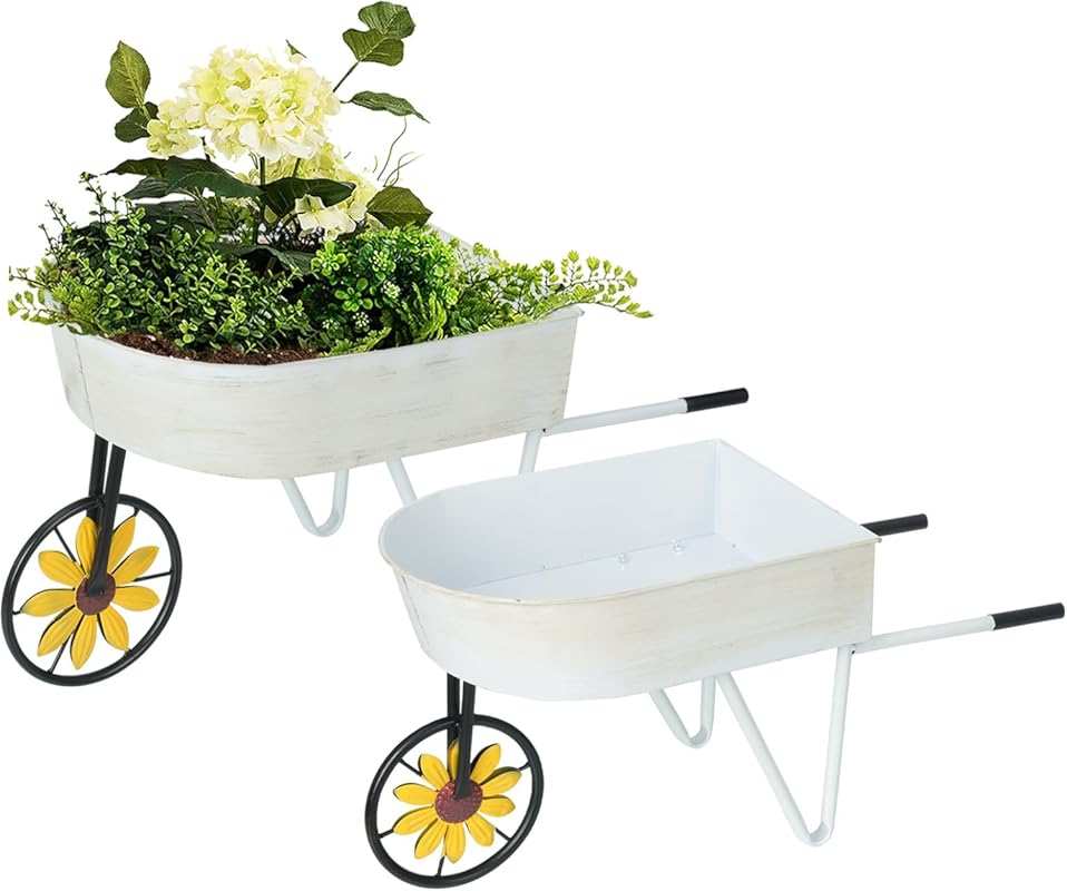 BAYN Metal Wheelbarrow Flower Cart Planter, 2-Pack Rustic Plant Stands