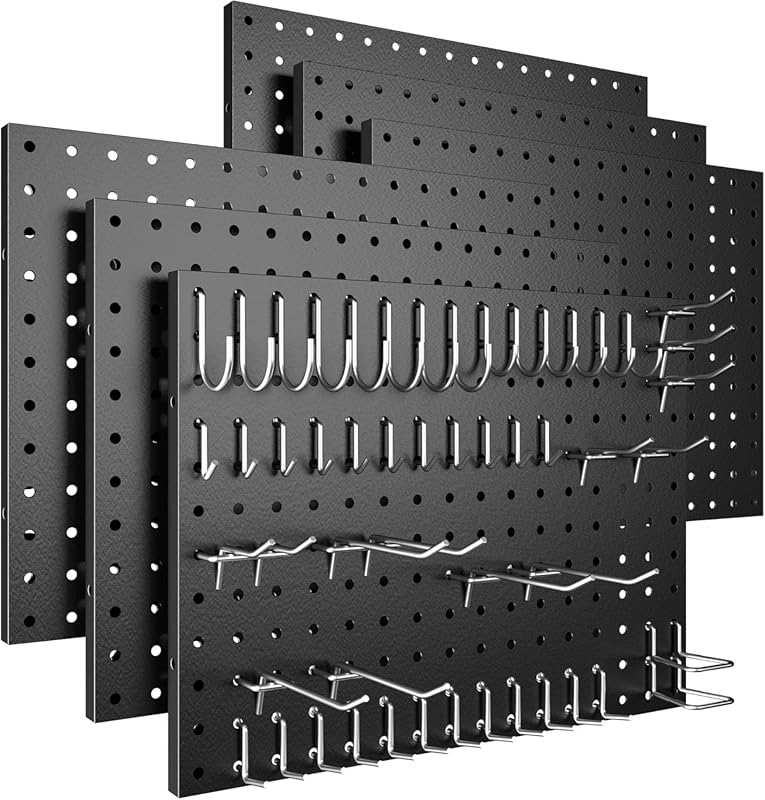 6-Pack Heavy Duty Black Metal Pegboard Panels with 50 Hooks - Wall Org
