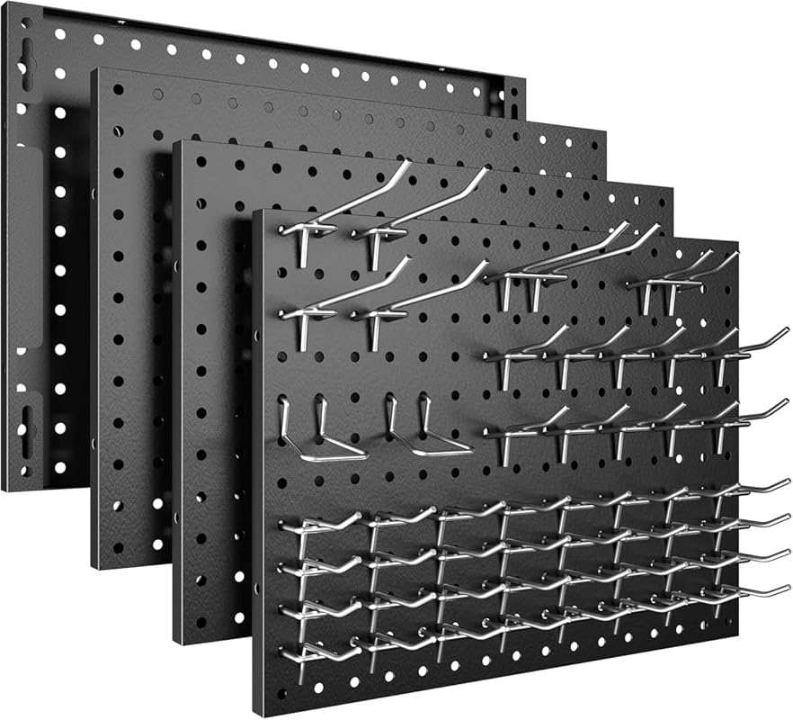 4-Pack Heavy Duty Black Metal Pegboard Panels with 50 Hooks - Wall Org