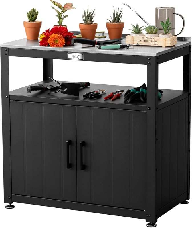 Outdoor Garden Potting Bench with Storage: Stainless Steel Tabletop Wo
