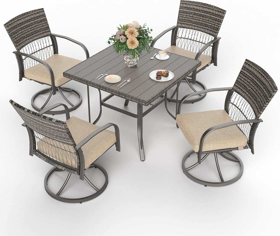 Pamapic 5-Piece Rattan Outdoor Patio Dining Set with Swivel Chairs, Ir