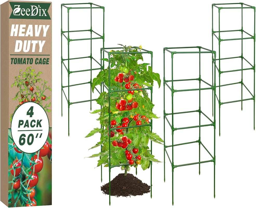 ZeeDix 4-Pack 60'' Heavy Duty Adjustable Square Tomato Cages for Garde