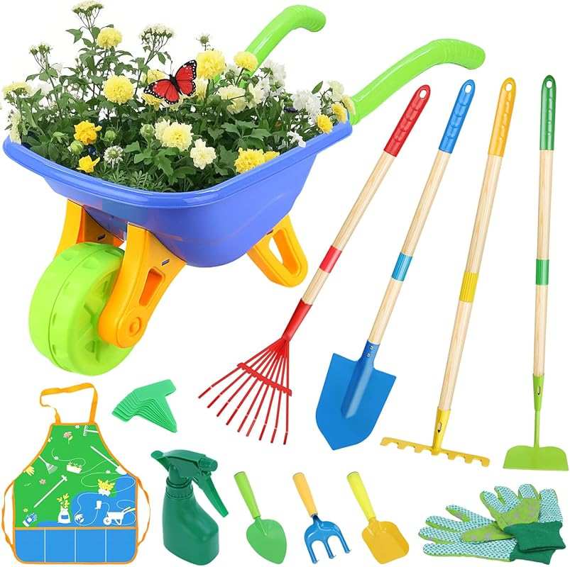 Magic4U 11-Piece Kids Gardening Set with Steel Wheelbarrow & Tools: Ou