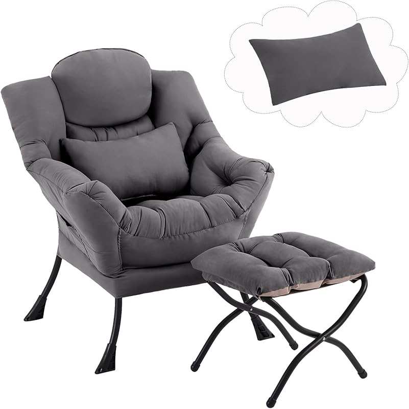 Dark Grey Fabric Lazy Lounge Arm Chair with Ottoman and Lumbar Pillow