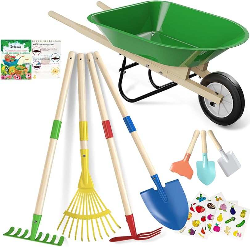Kids Wheelbarrow Set with Shovel Rake Leaf Rake Green Garden Outdoor T