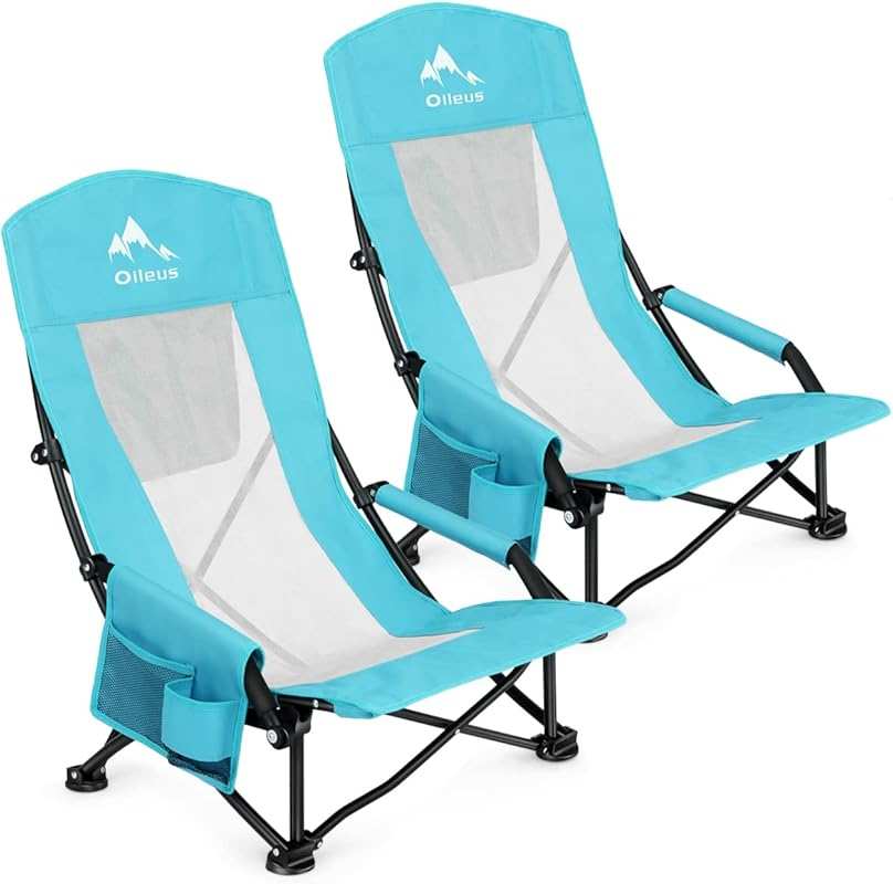 Oileus Folding Beach Chair, High-Back Portable Mesh Backrest, Cup Hold