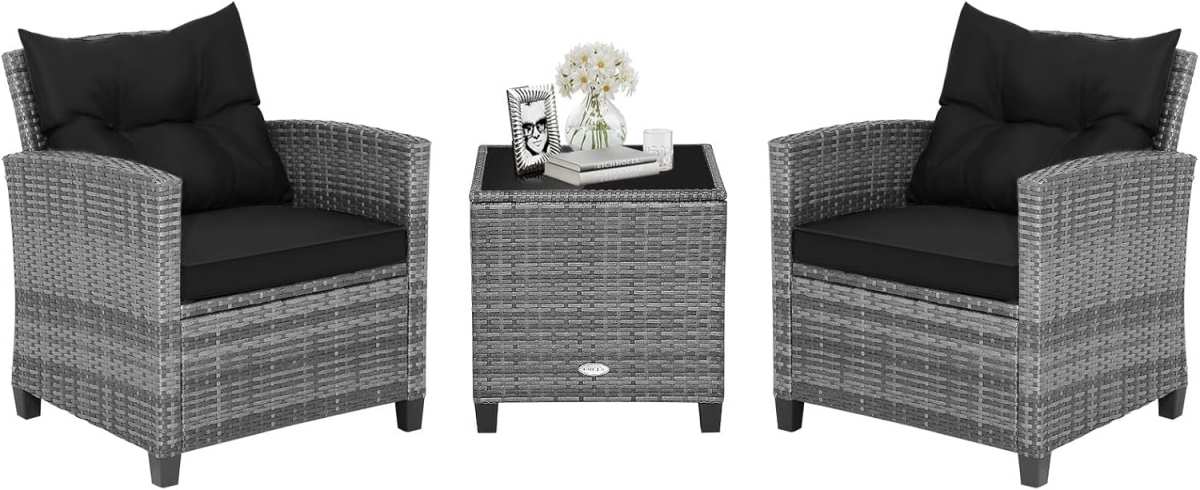 HAPPYGRILL 3-Piece Outdoor Rattan Conversation Set with Removable Cushions & Glass Side Table for Garden, Poolside & Balcony
