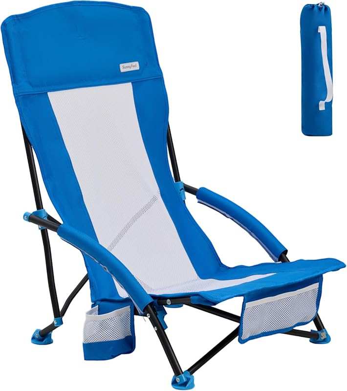 SUNNYFEEL Blue Folding Beach Chair: High Back, Lightweight, 300lbs Hea