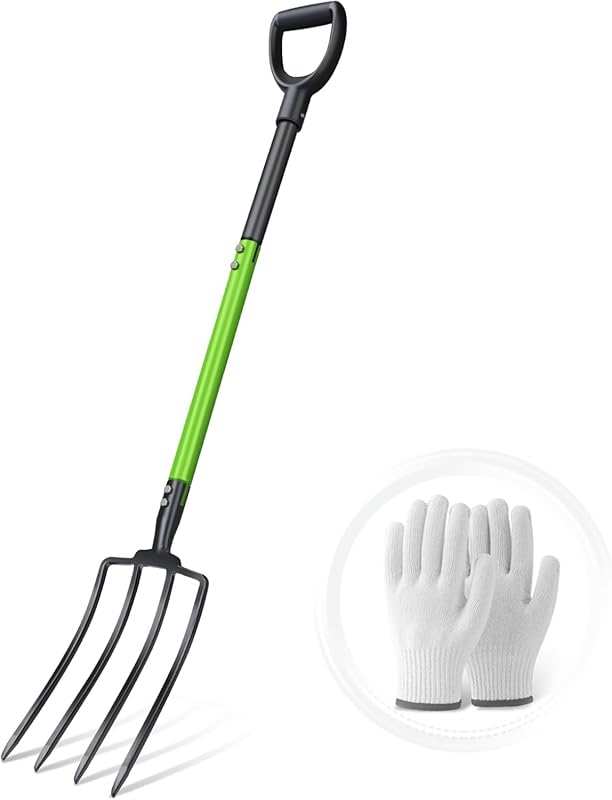 4-Tine Pitch Fork for Digging and Composting - Includes Protective Glo