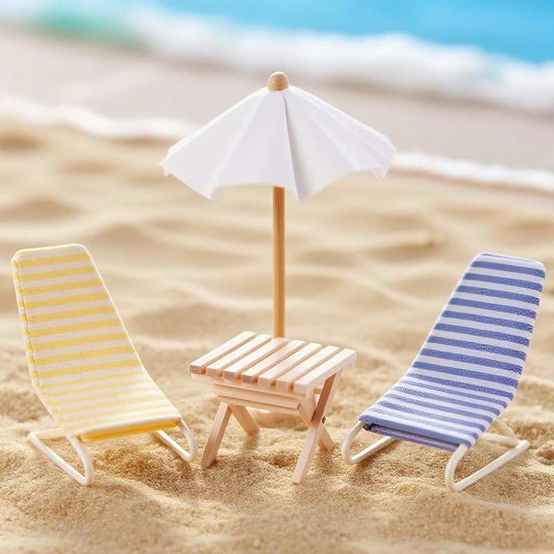 1:12 Miniature Beach Accessories Set with Metal Recliner, Wooden Umbre
