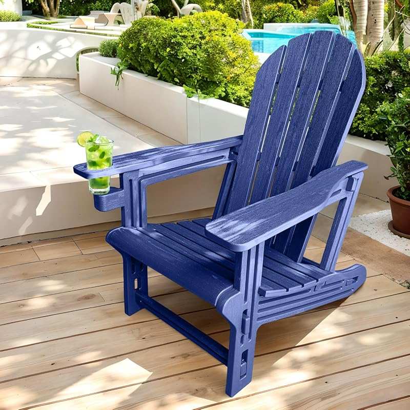 Navy Blue HDPE Adirondack Chair with Cup Holder, Weather-Resistant Out