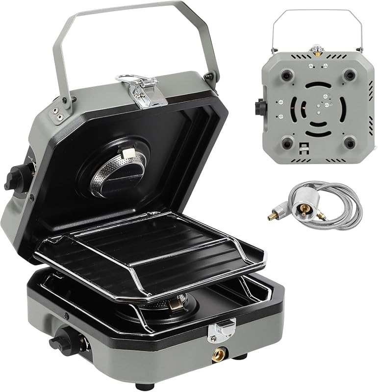 Green 2-Burner Portable Propane Camp Stove with Grill, 16,000 BTU, Pie