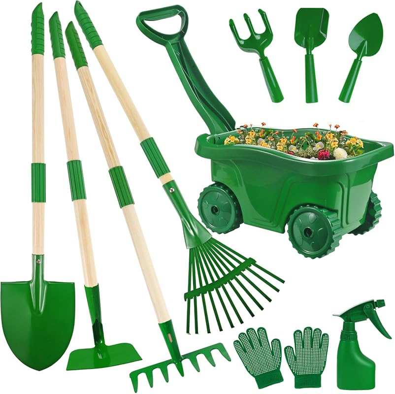 Duckura 10pcs Kids Gardening Tools & Wheelbarrow Set for Outdoor Yard