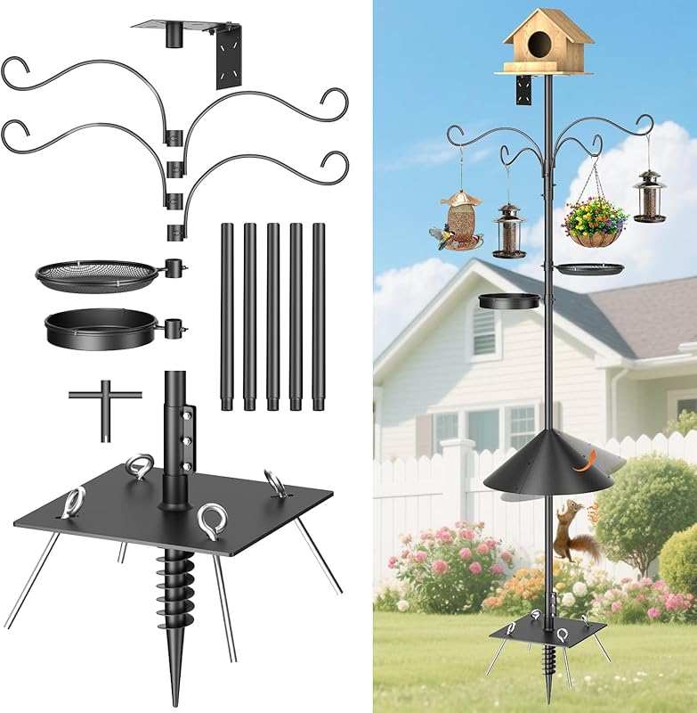 2026 Upgraded 92-Inch Squirrel Proof Bird Feeder Pole Station with 4 H