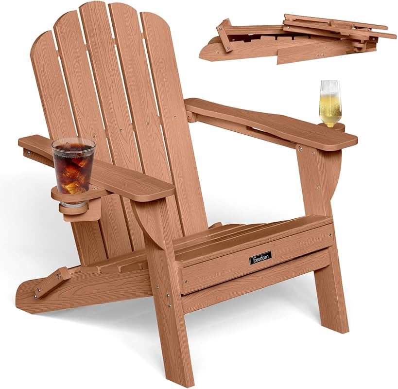 HDPE Folding Adirondack Chair with 2 Cup Holders, Durable Outdoor Fire