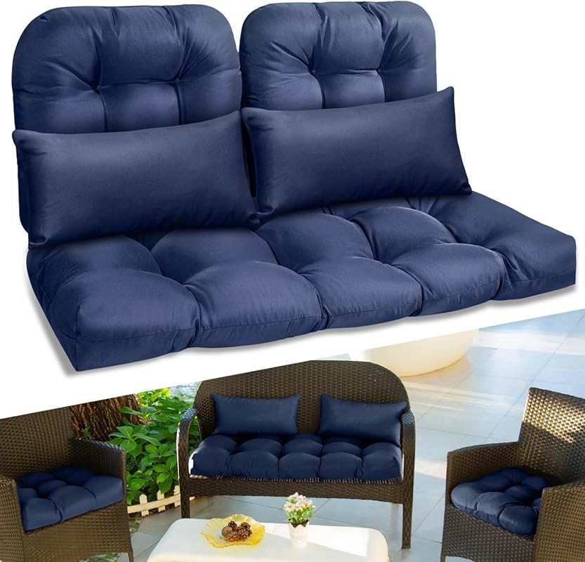 Blue Wicker Chair Cushions 3-Piece Set with Lumbar Support & Loveseat 