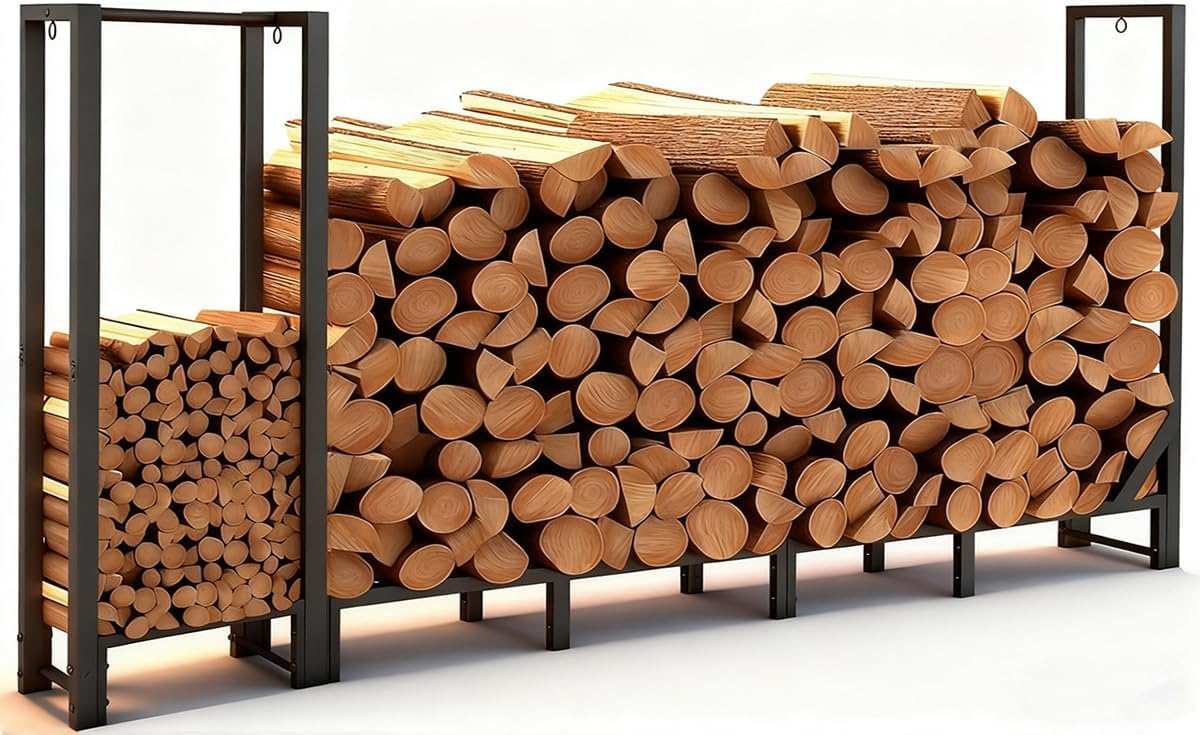 8ft Heavy Duty Outdoor Firewood Rack with Kindling Storage for Indoor 
