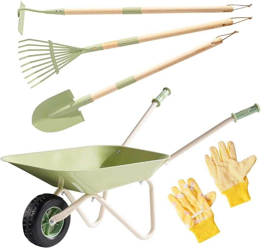 ROBUD Kids Green Metal Wheelbarrow with Shovel Hoe Broom Gloves Garden