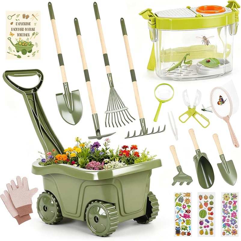 Dreamon 2-in-1 Kids Gardening Tools & Bug Catcher Kit with Wheelbarrow
