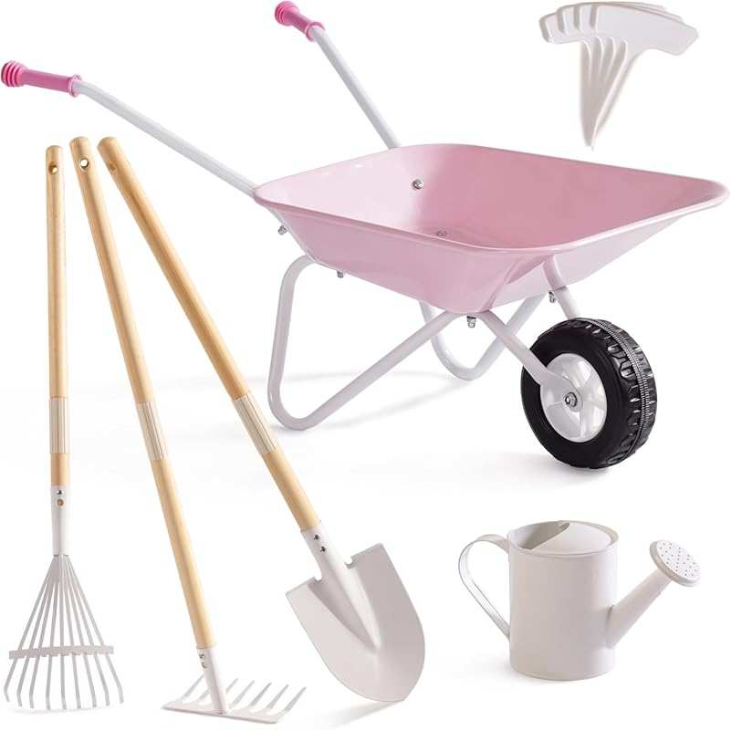 ROBUD Kids Wheelbarrow with 9-Piece Gardening Tools, Metal Toddler Wag