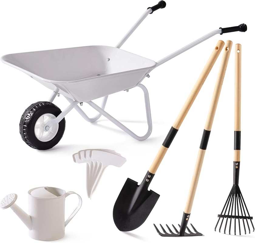 ROBUD 9-Piece Kids Metal Wheelbarrow & Garden Tools Outdoor Toy Set fo