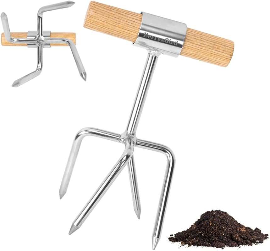 Berry&Bird Twist Tiller with 4 Stainless Steel Tines, Wooden Handle, S