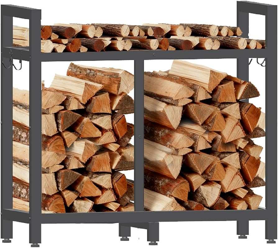 34inch Heavy Duty Indoor Outdoor Firewood Rack with Hooks and Adjustab