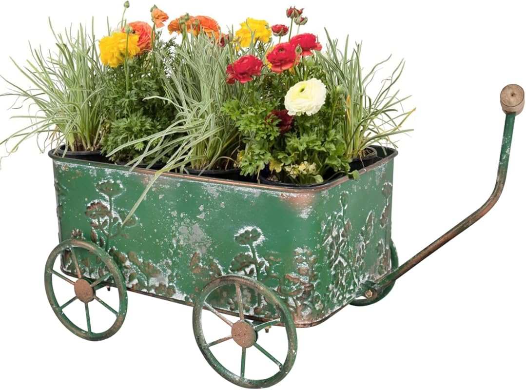 Green Flower Cart Planter with Wooden Handles & Wagon Wheels - Decorat