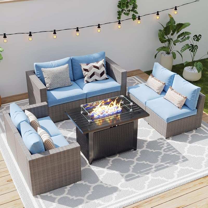 Wisteria Lane 7-Piece All-Weather Outdoor Sectional with Fire Pit Table & Washable Cushions for Garden & Backyard