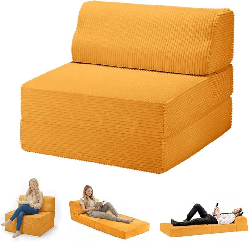 Orange Memory Foam Folding Sofa Bed Chair with Pillow, Washable Cover