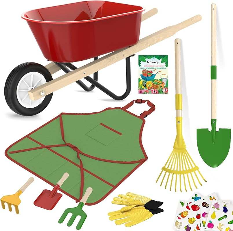 Kids Gardening Wheelbarrow Set with Apron & Tools: Outdoor Backyard Pl
