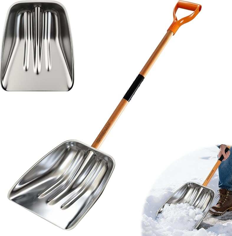 Non-Slip Snow Shovel with Wooden Handle for Driveway & Yard