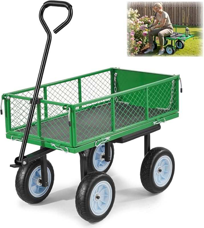 VEVOR Heavy-Duty Steel Garden Cart: 500 LBS Capacity, Work Seat, Flat-