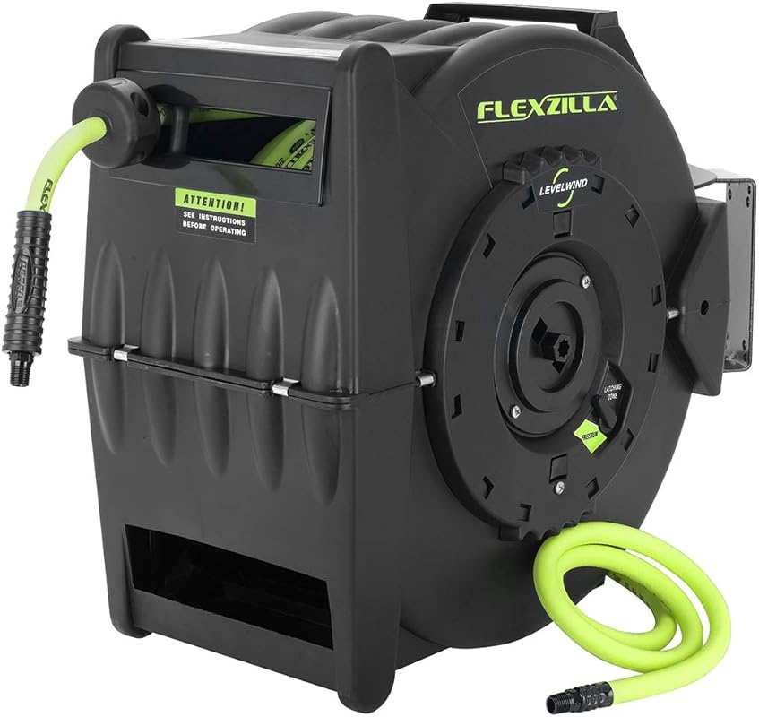Flexzilla Levelwind Retractable Air Hose Reel, 75ft Hybrid ZillaGreen Lightweight Auto Rewind