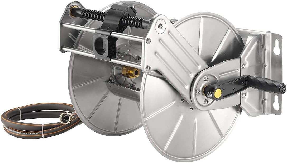Stainless Steel Retractable Garden Hose Reel with Crank Handle, 150 ft