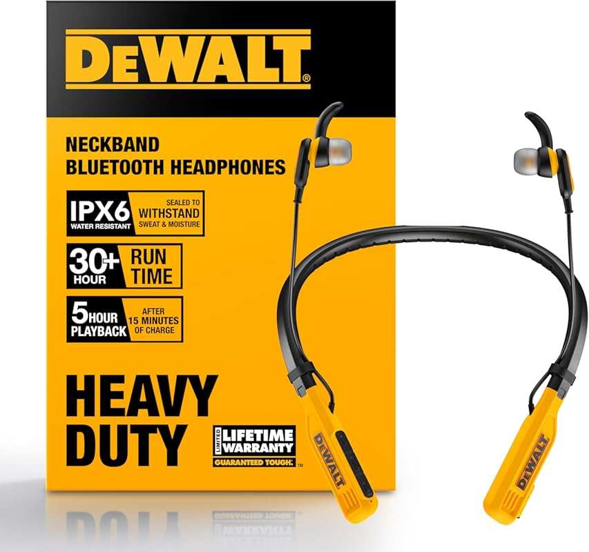 DEWALT Heavy Duty Bluetooth Neckband Headphones: Wireless Earbuds with