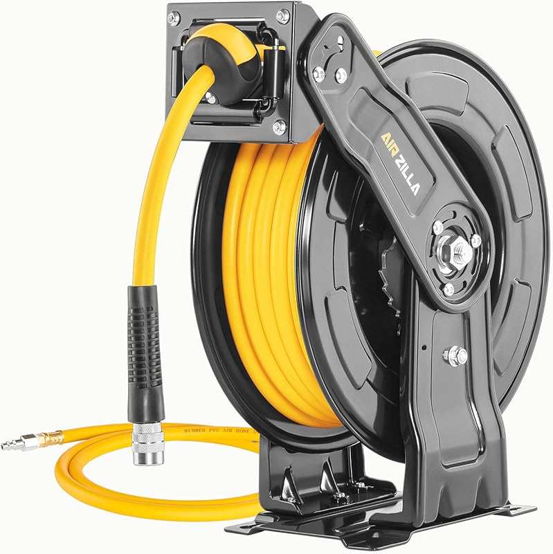AIRZILLA Premium Steel Retractable Air Hose Reel with Dual Arm, 65ft Hybrid, Auto Rewind & Quick Coupler