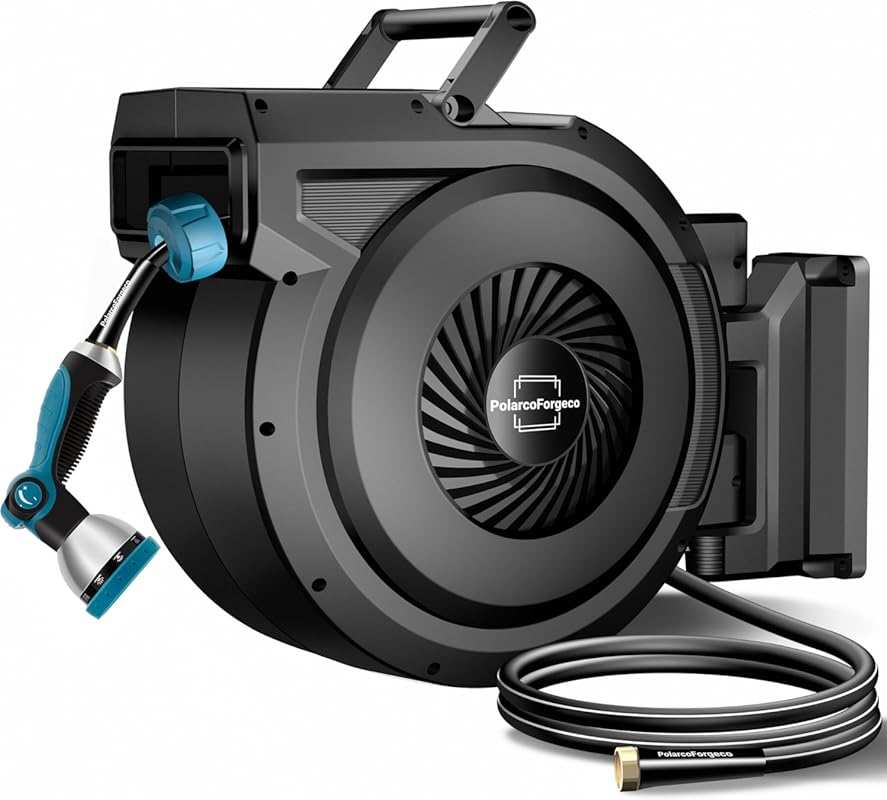 90ft Retractable Garden Hose Reel with Auto Rewind & 10 Pattern Nozzle