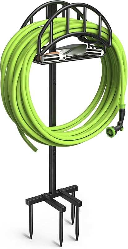 Heavy-Duty Metal Garden Hose Holder with Tool Basket, Holds 150ft, Det