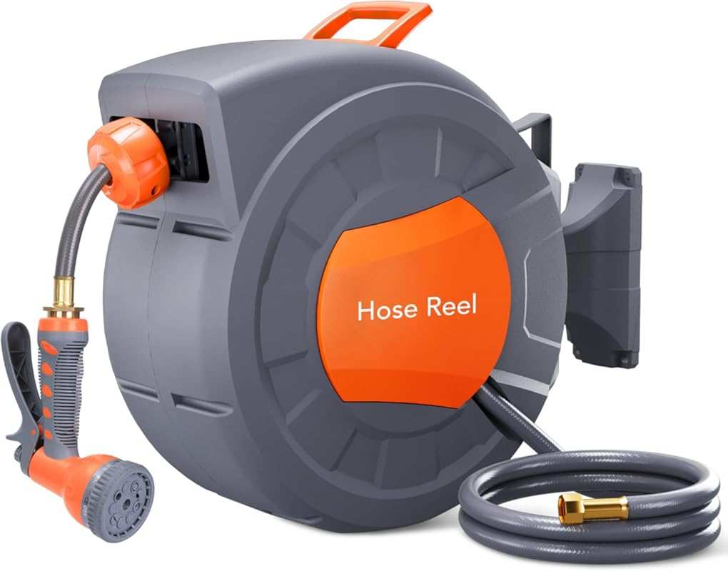 Retractable Garden Hose Reel with 9-Function Sprayer & Any-Length Lock