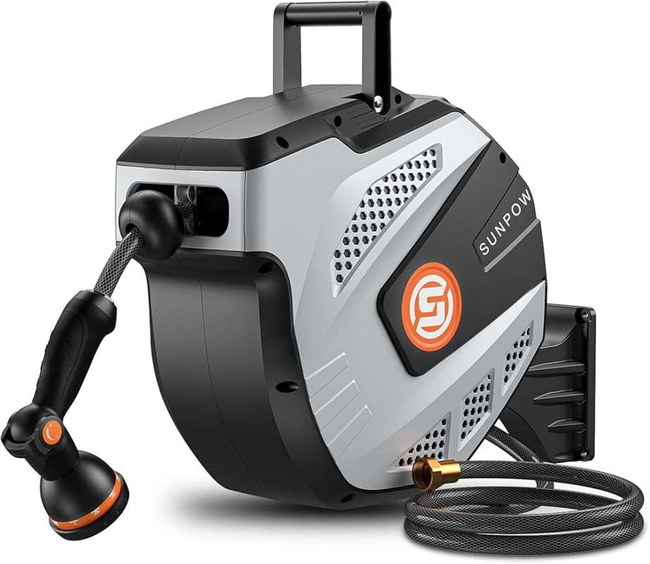 SUNPOW 50ft Retractable Hose Reel with Brass Fitting & 10-Function Spr