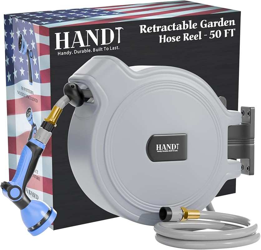 USA-Made Retractable Garden Hose Reel with 10-Pattern Sprayer, Auto Re