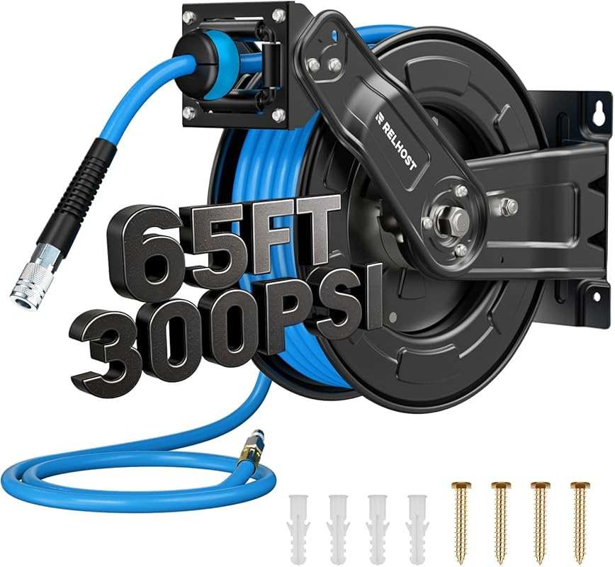Heavy Duty Retractable Air Hose Reel with Auto Rewind, 65ft x 3/8in Hy
