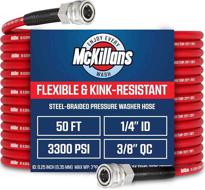 McKillans® QC Installed 50ft Steel-Braided Power Washer Hose, Kink-Res