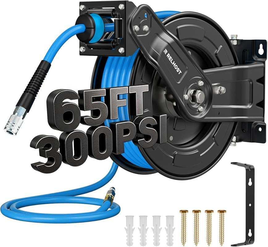 Heavy Duty Retractable Air Hose Reel with Dual Arms, 65 ft x 3/8